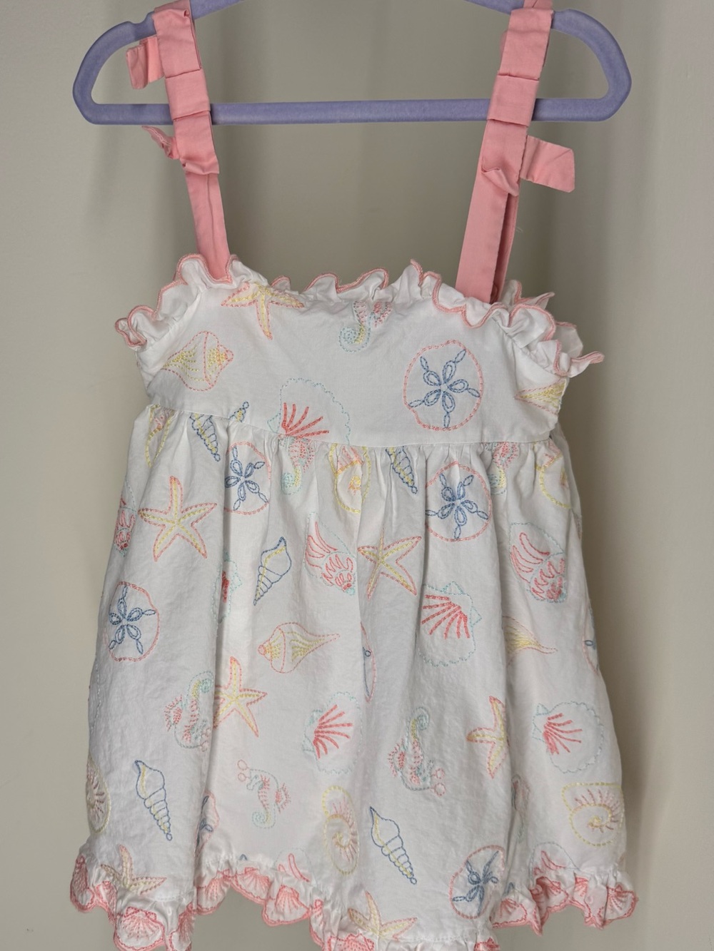 cupcakes & cashmere White Dress with Pink Trim and Pastel Embroidery